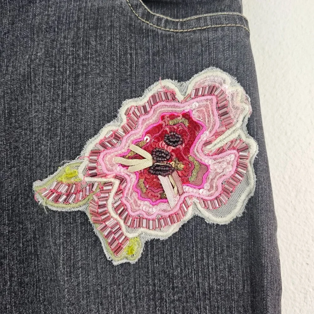 R Denim Womens Sz 12 Floral Beaded Embroidered Y2K Straight Leg Jeans Black Wash - Picture 2 of 10